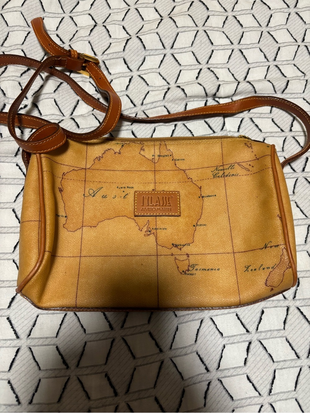 Alviero Martini Tan Geo Map Leather Messenger Crossbody